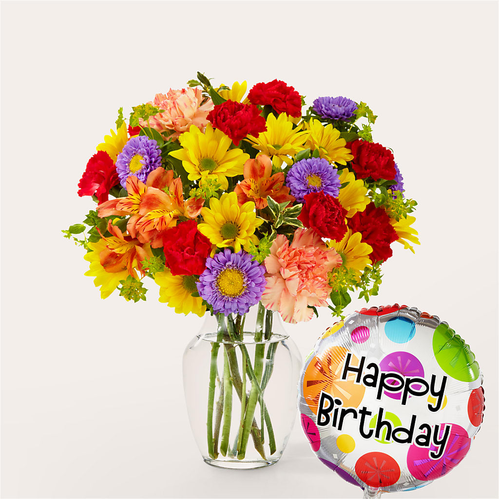 Kaleidoscope Bouquet with Birthday Balloon – MARE'S FLOWER SHOP, Las Vegas NV
