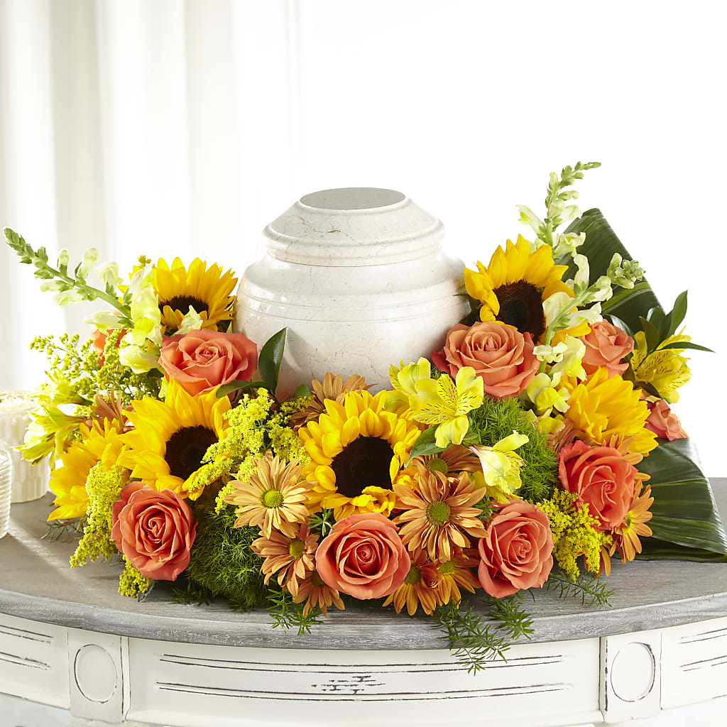 Faithful Sunflower Cremation Adornment – MARE'S FLOWER SHOP, Las Vegas NV