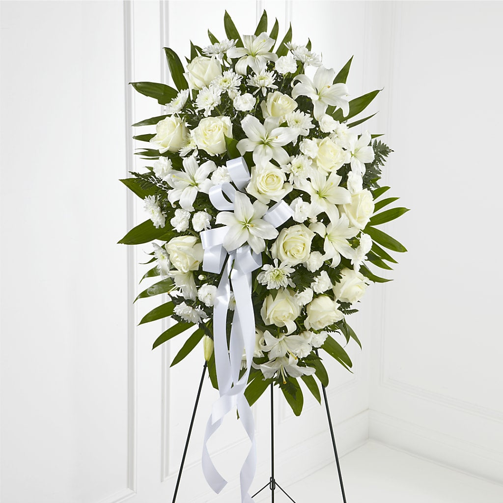 Exquisite Tribute Standing Spray-White Ribbon – MARE'S FLOWER SHOP, Las Vegas NV