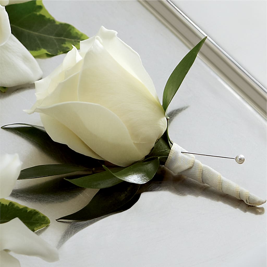 White Rose Boutonniere – MARE'S FLOWER SHOP, Las Vegas NV